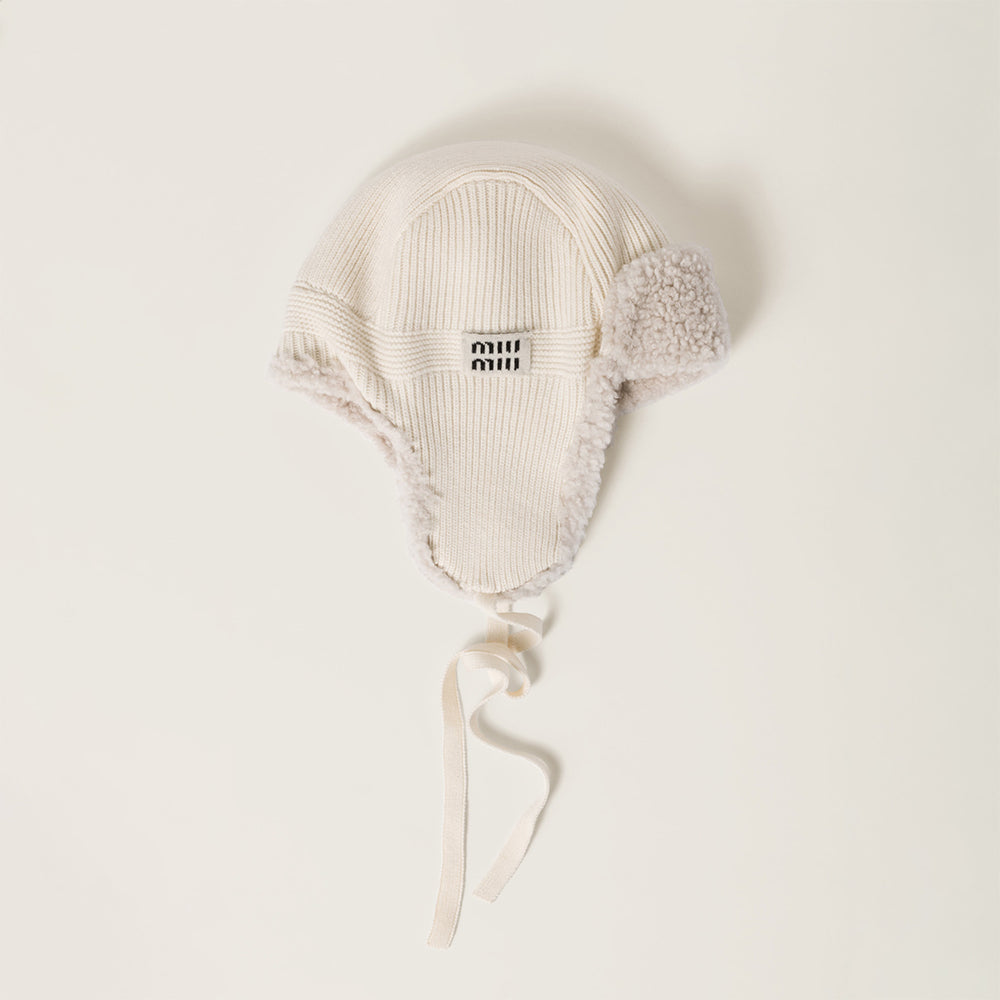 MiuMiu Camel Brown Wool Cashmere And Shearling Trapper Hat #335646