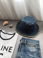 Chanel Women's Solid Colour Washed Denim Fringed Raw Edge Fisherman's Hat Cap #76781