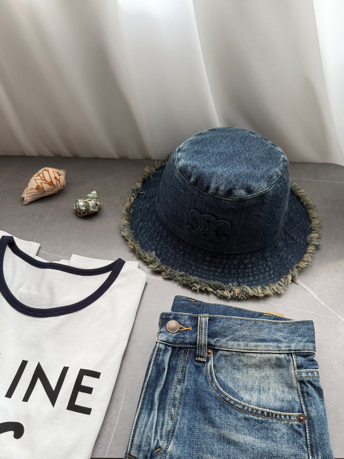 Chanel Women's Solid Colour Washed Denim Fringed Raw Edge Fisherman's Hat Cap #76781