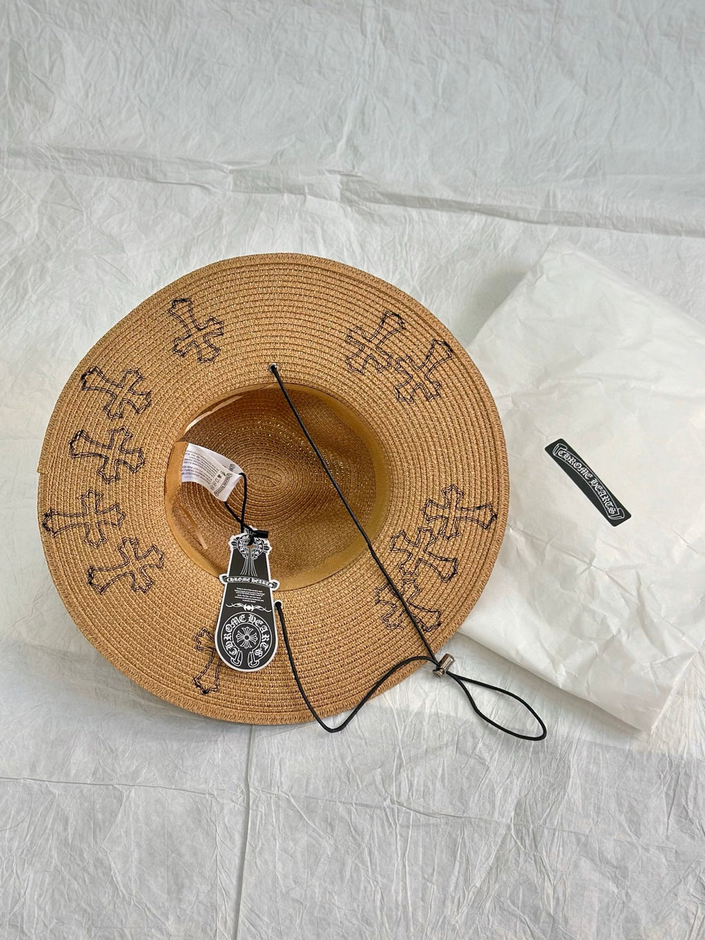 Chrome Hearts Men's And Women's Plain Colored Straw Hat With Cross Leather Logo Cap #77796