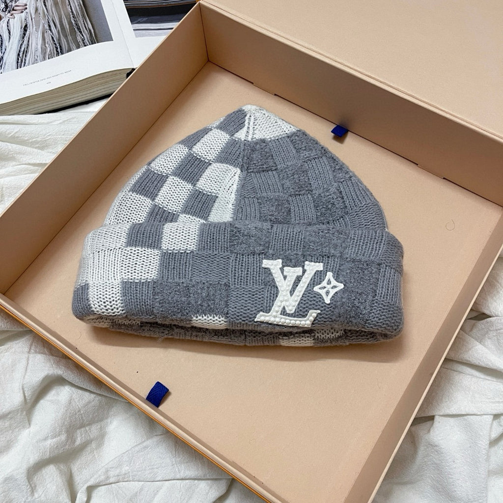 Louis Vuitton Men's and Women's Logo Embroidered Gray Sheep Wool Pom Pom Hat Cap Scarf #73793