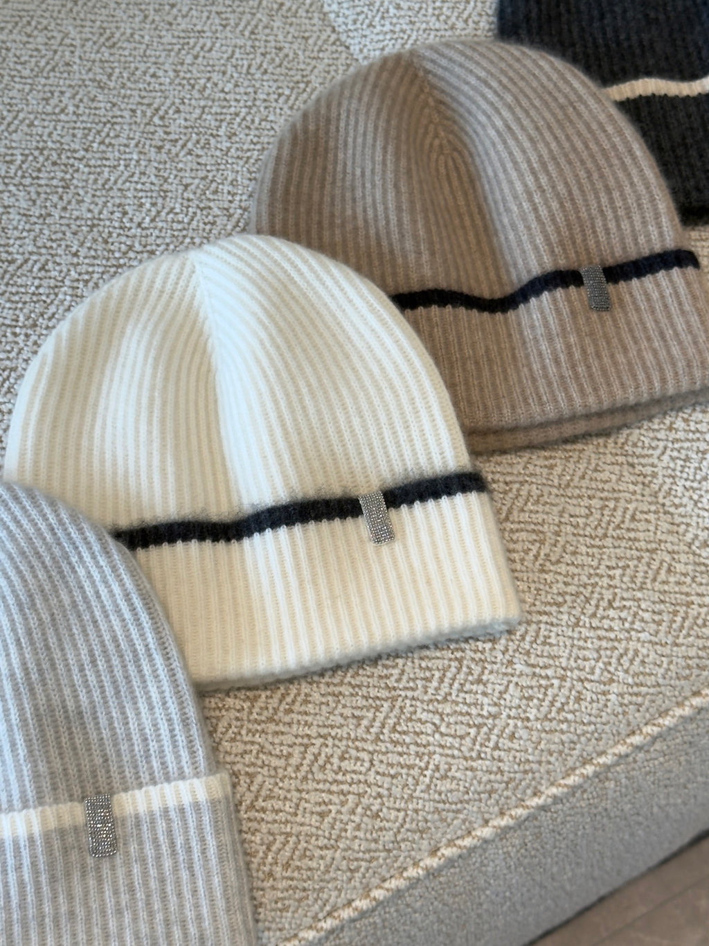 Brunello Cucinelli Women's Fall/Winter Striped Solid Color Cashmere English Rib Knit Beanie With Monili Casual Hat Cap Ngvp #2524