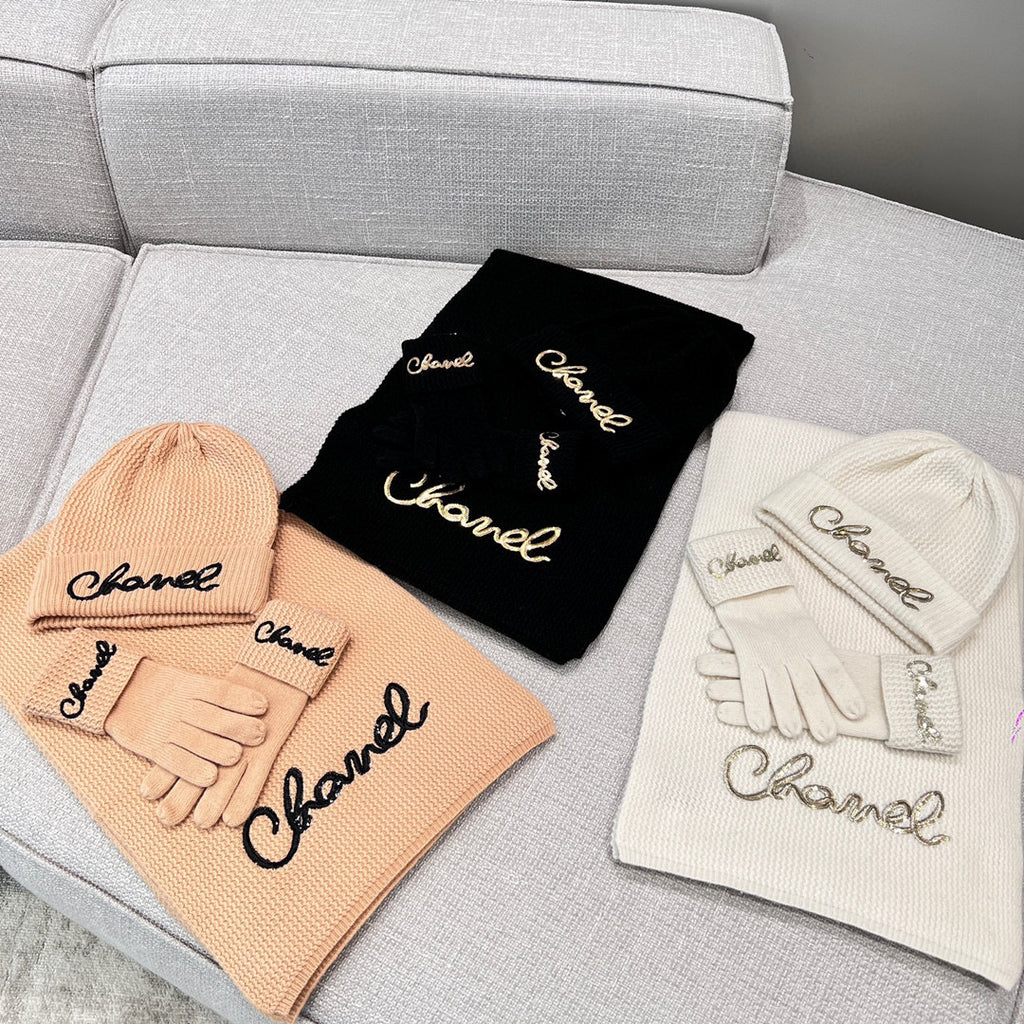 Chanel Cashmere Knit Hat Gloves Scarf #96642