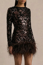Stardust | Brown Sequined Velvet Crew-Neck Mini Dress With Feather Trim
