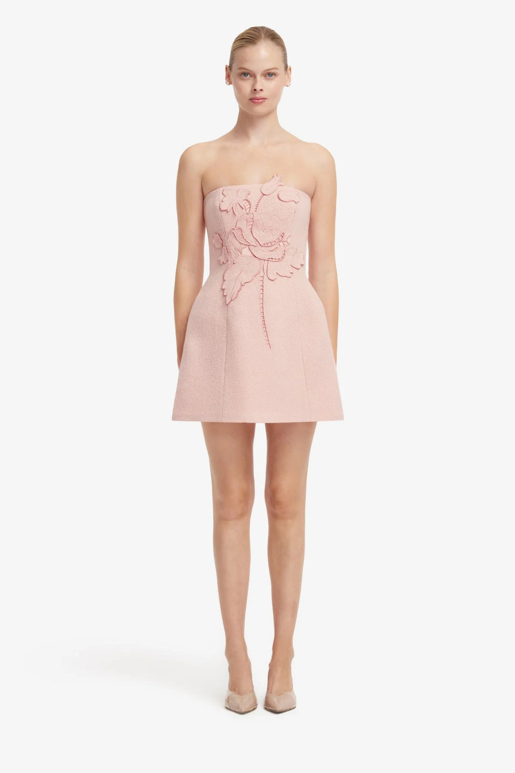 Roselle Appliqué Tweed Bustier Mini Dress - Dusty Pink