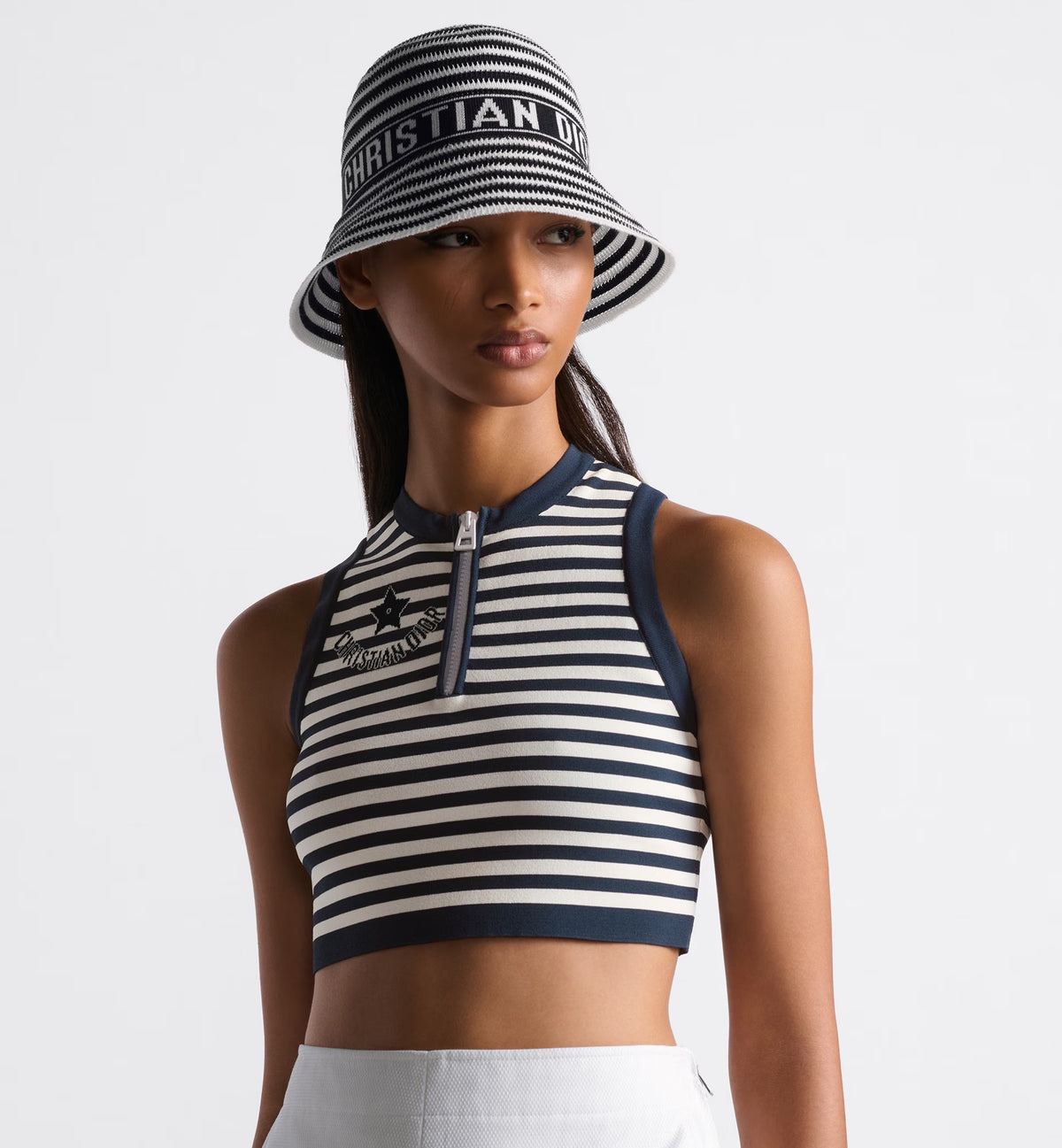 Dior Dioriviera D-Tulipe Women's Black and White Striped Embroidered Letter Printed Cotton Fisherman's Hat Cap #72552