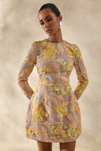 Merdia | Yellow Embellished Floral Crew-Neck Mini Dress