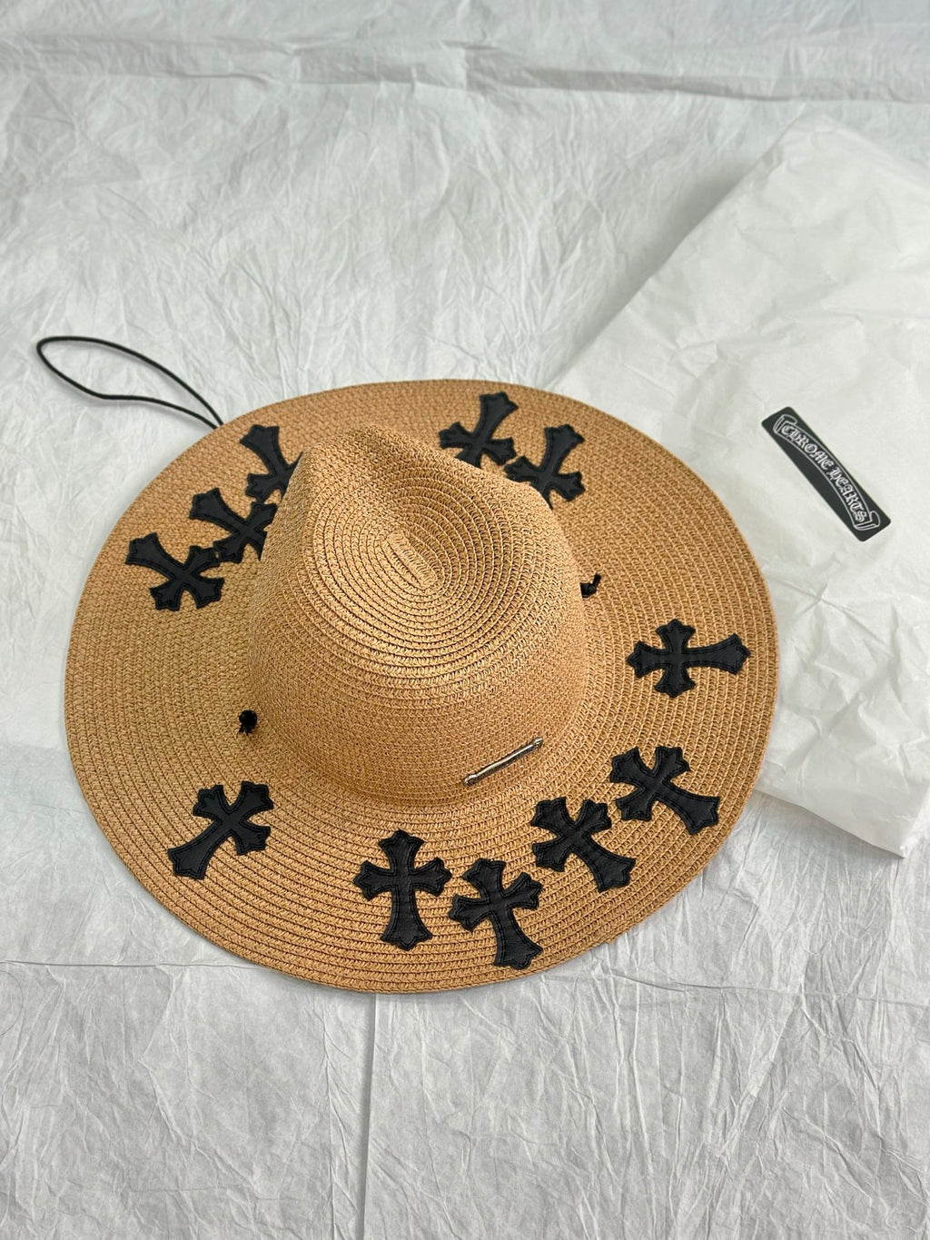 Chrome Hearts Men's And Women's Plain Colored Straw Hat With Cross Leather Logo Cap #77796