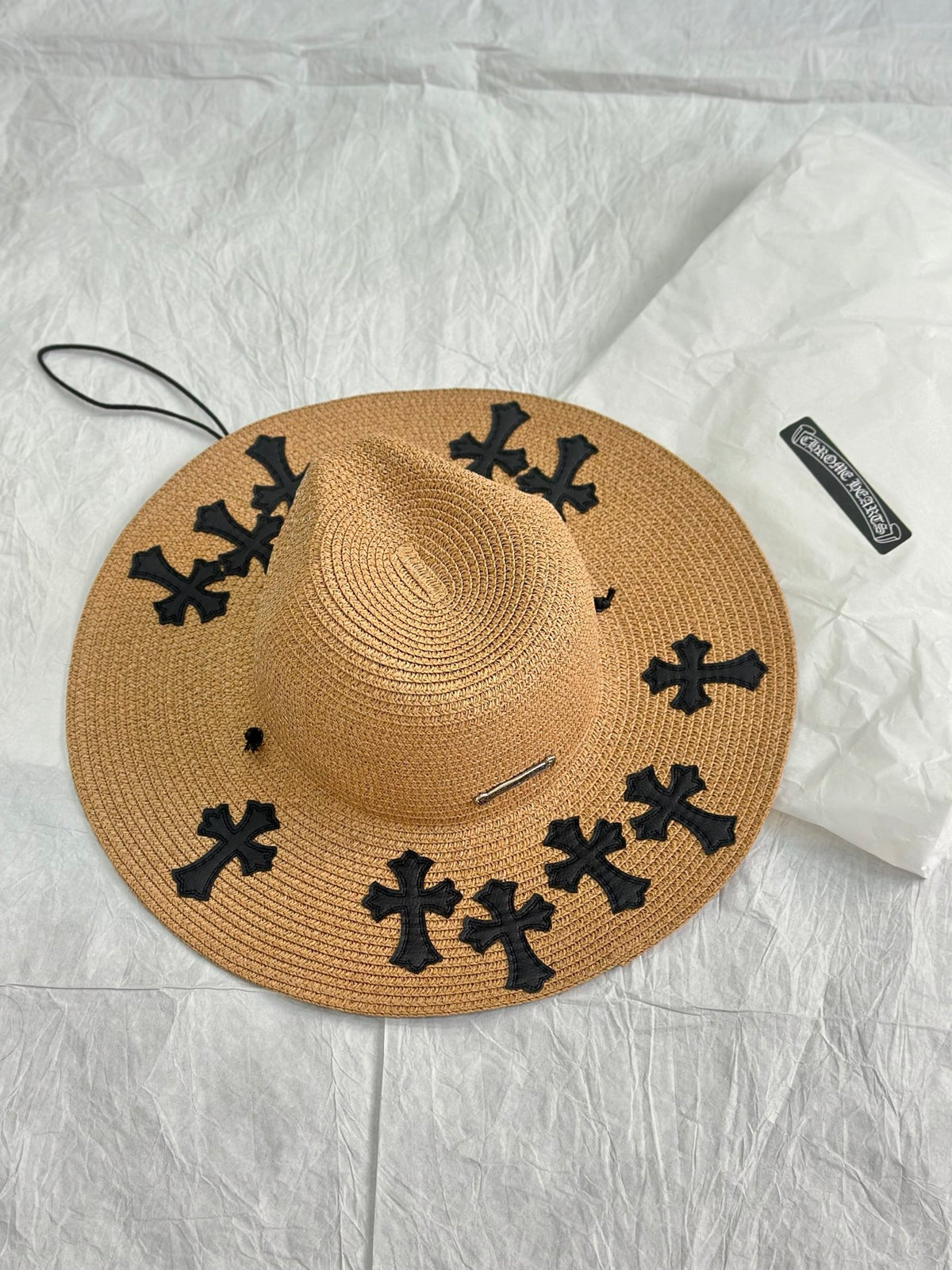 Chrome Hearts Men's And Women's Plain Colored Straw Hat With Cross Leather Logo Cap #77796