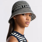 Dior Dioriviera D-Tulipe Women's Black and White Striped Embroidered Letter Printed Cotton Fisherman's Hat Cap #72552