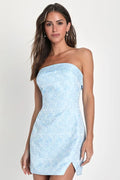 Delicate Destiny Light Blue Jacquard Strapless Mini Dress