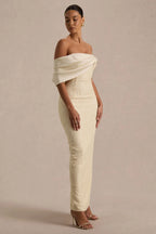 Solora | Cream Lace Twisted Bardot-Neck Maxi Dress