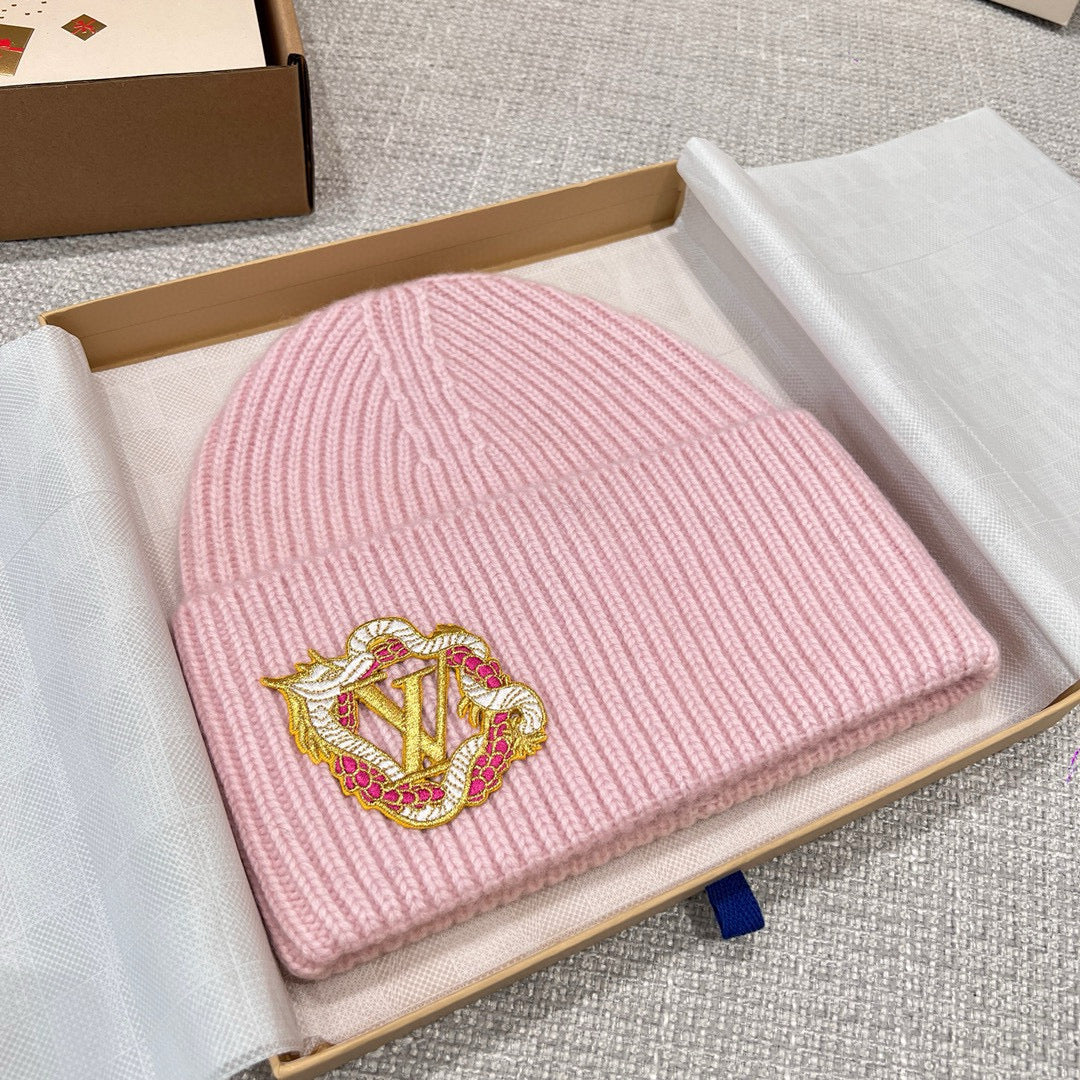 Louis Vuitton Women's Autumn and Winter Embroidery Pan Long Patch Logo Pink Woolen Fleece Hat Scarf Set #98115