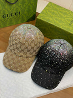 Gucci Women's Unisex Fashion Casual Classic GG Monogram Fabric Diamond-Studded Baseball Cap Duckbill Hat  Accessories  #78723