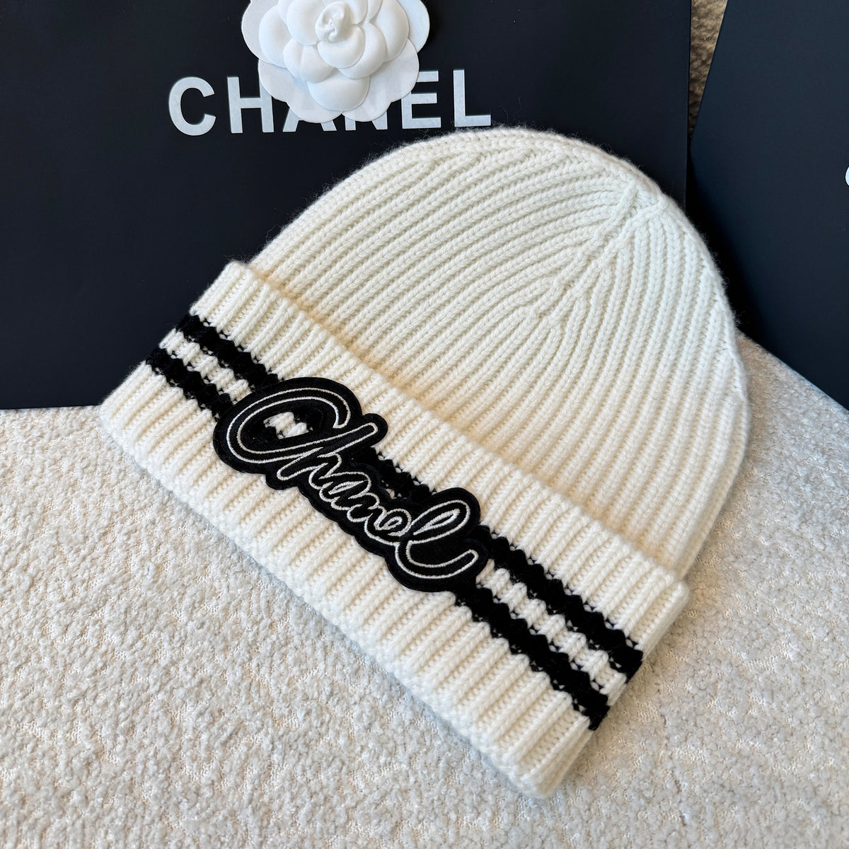 Chanel Women's Fall And Winter Black And White Gray Temperament Warm Winter Accessories Scarf Hat Gloves Fashion Trend Set #81628