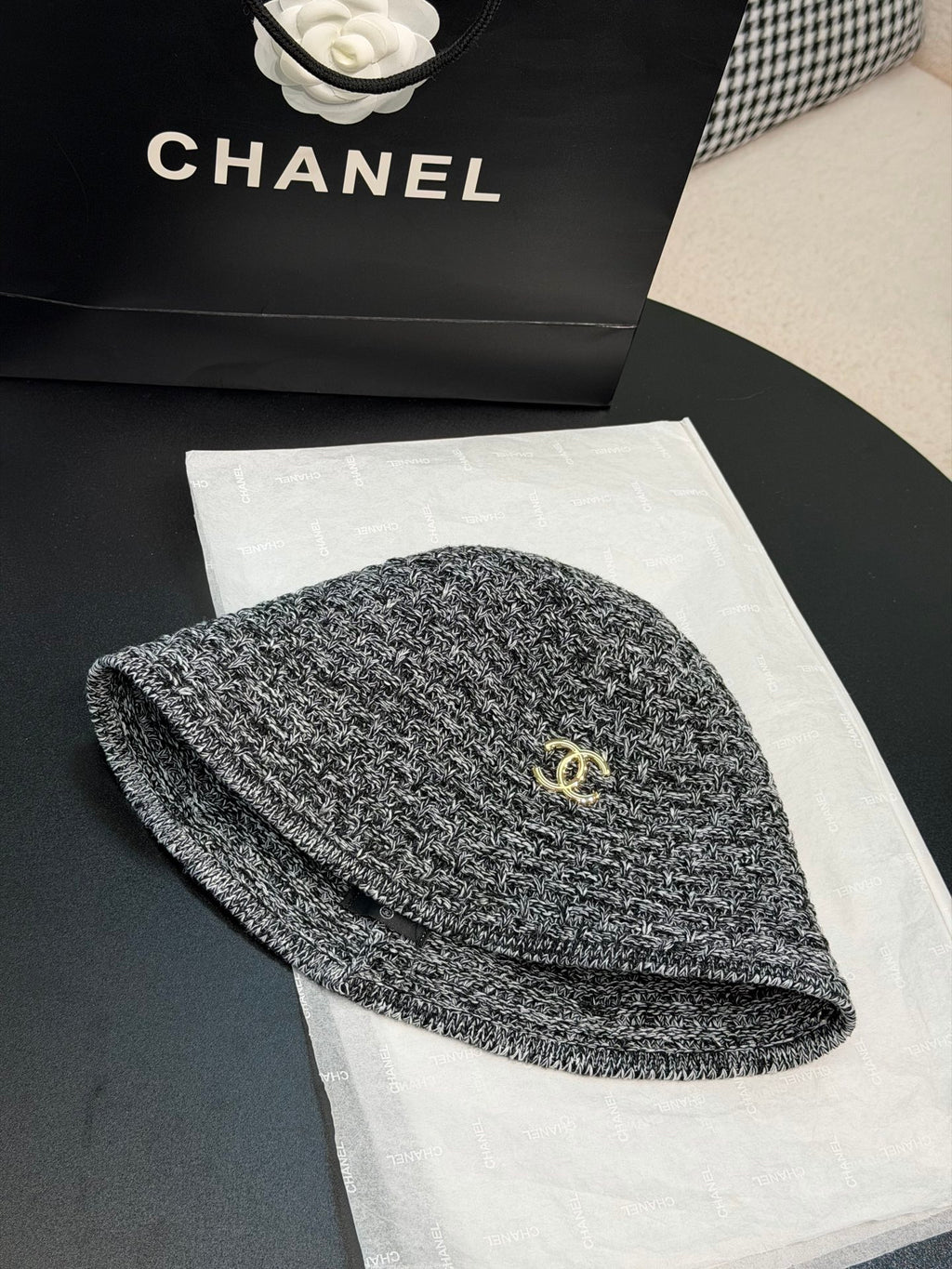 CHANEL Cloche Hat Cotton Mixed Fibers Metal Black White Gold #387336