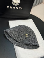 CHANEL Cloche Hat Cotton Mixed Fibers Metal Black White Gold #387336