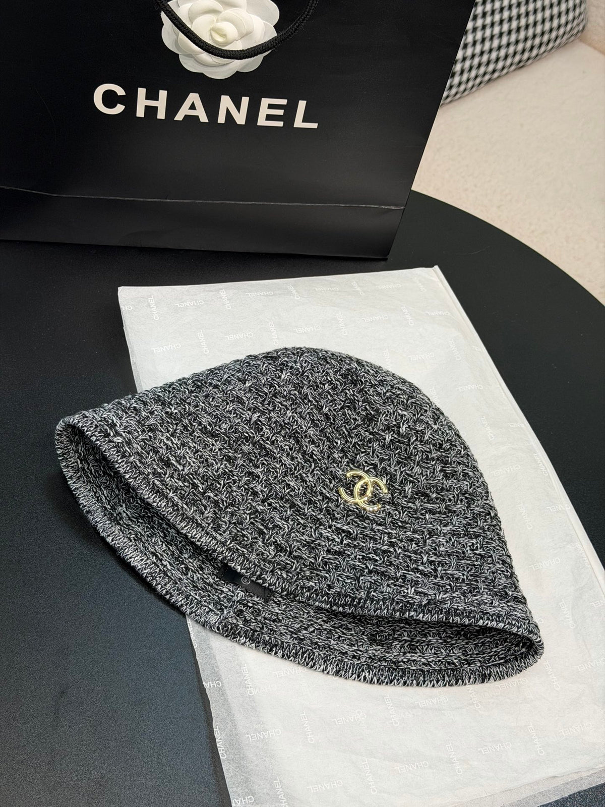 CHANEL Cloche Hat Cotton Mixed Fibers Metal Black White Gold #387336