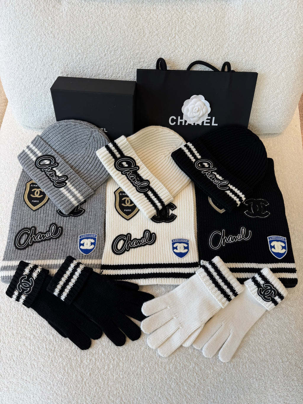 Chanel Women's Fall And Winter Black And White Gray Temperament Warm Winter Accessories Scarf Hat Gloves Fashion Trend Set #81628