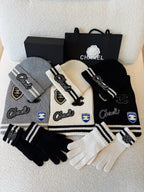 Chanel Women's Fall And Winter Black And White Gray Temperament Warm Winter Accessories Scarf Hat Gloves Fashion Trend Set #81628