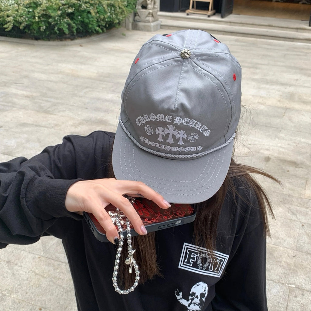Chrome Hearts Men's Women's Grey Cross Embroidered Baseball Cap Duck Tongue Cap Fashion High Street Trend Hip Hop Cap Hat #81225