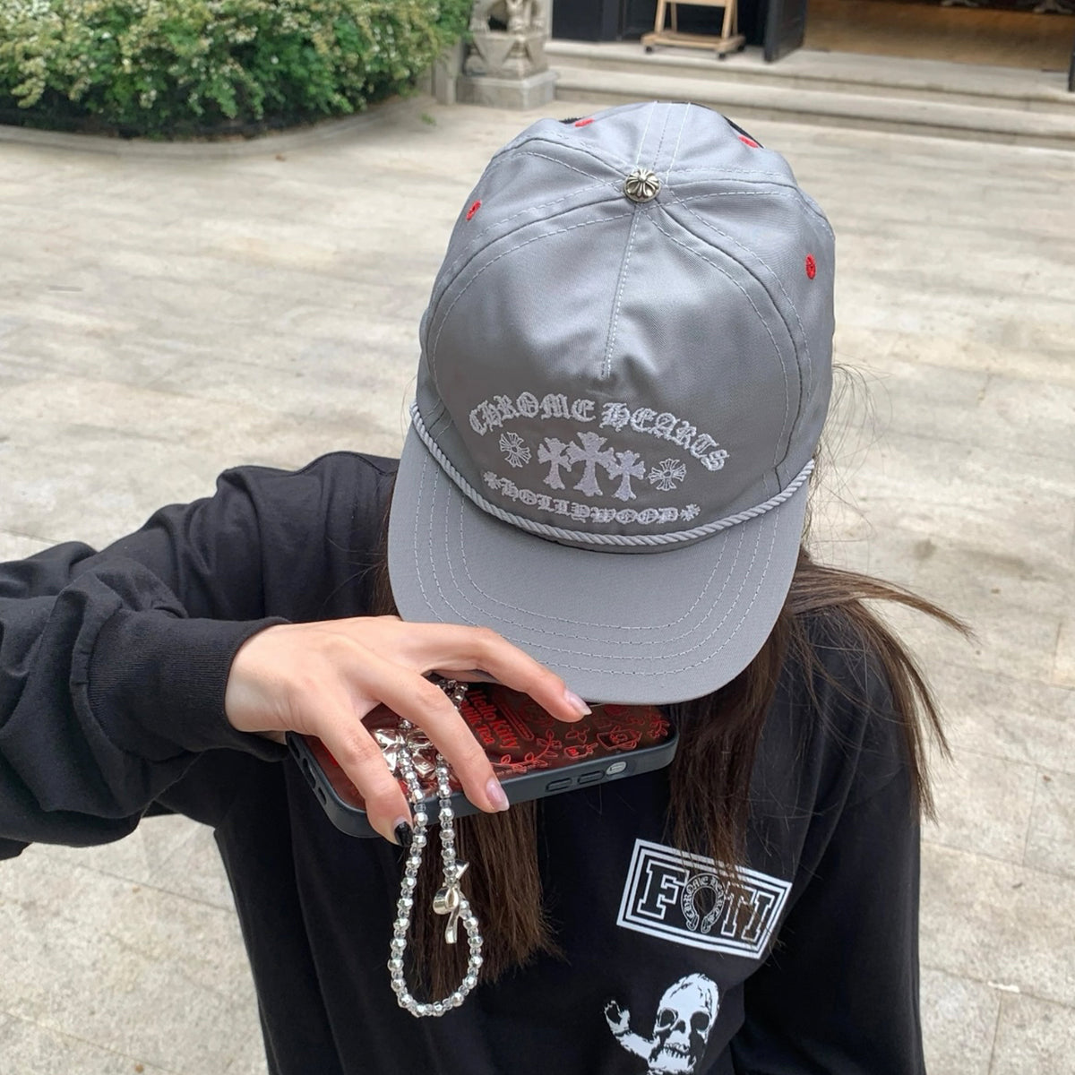 Chrome Hearts Men's Women's Grey Cross Embroidered Baseball Cap Duck Tongue Cap Fashion High Street Trend Hip Hop Cap Hat #81225