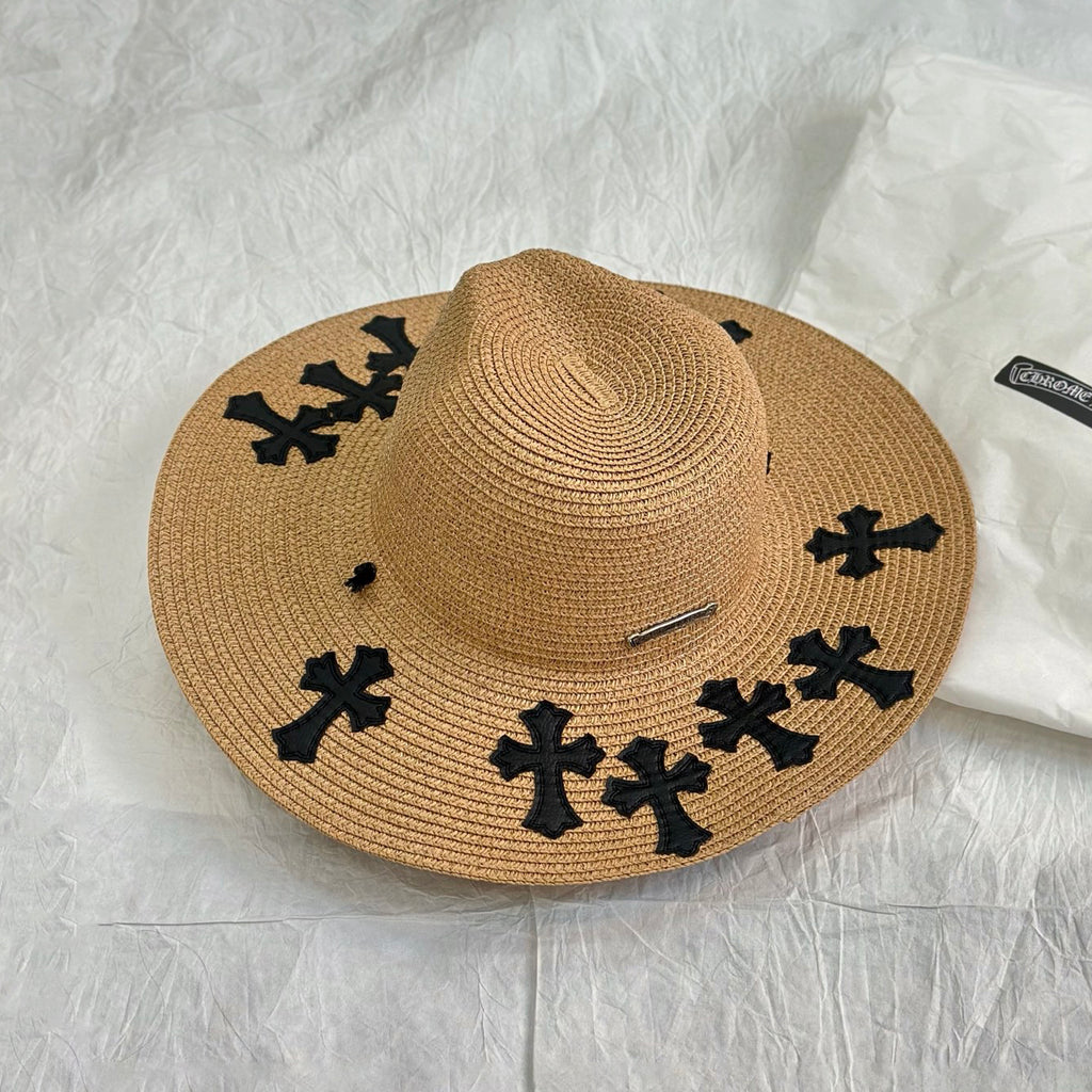 Chrome Hearts Men's And Women's Plain Colored Straw Hat With Cross Leather Logo Cap #77796