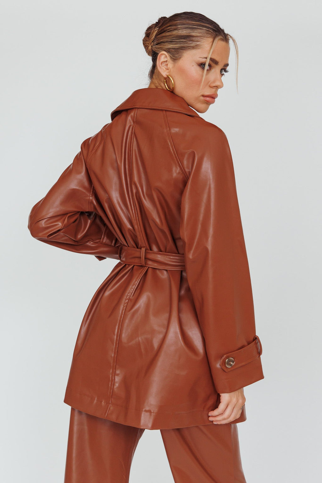 Noa Faux Leather Belted Jacket Terracotta