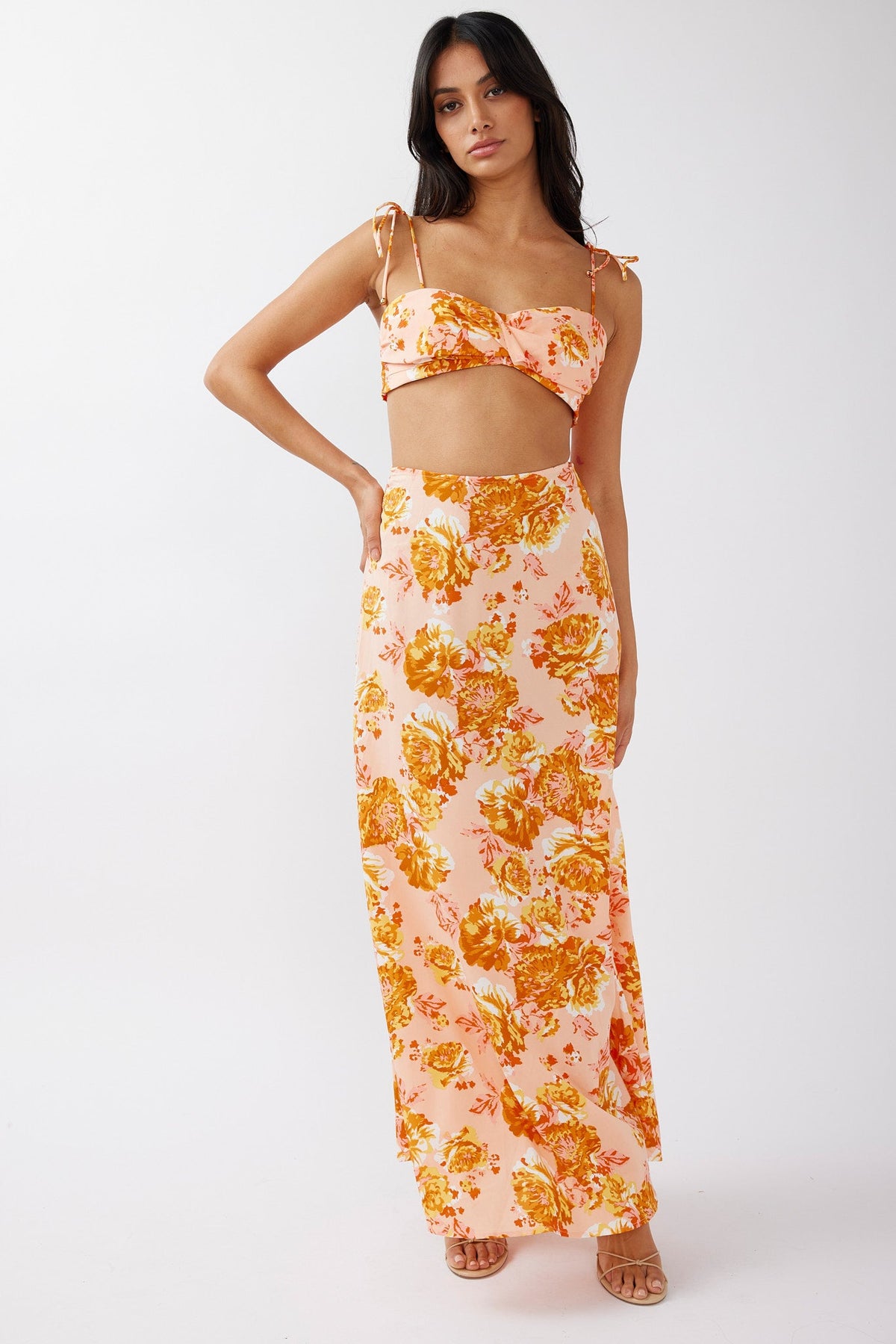 Gabbi Tied Shoulder Crop Top Floral Orange