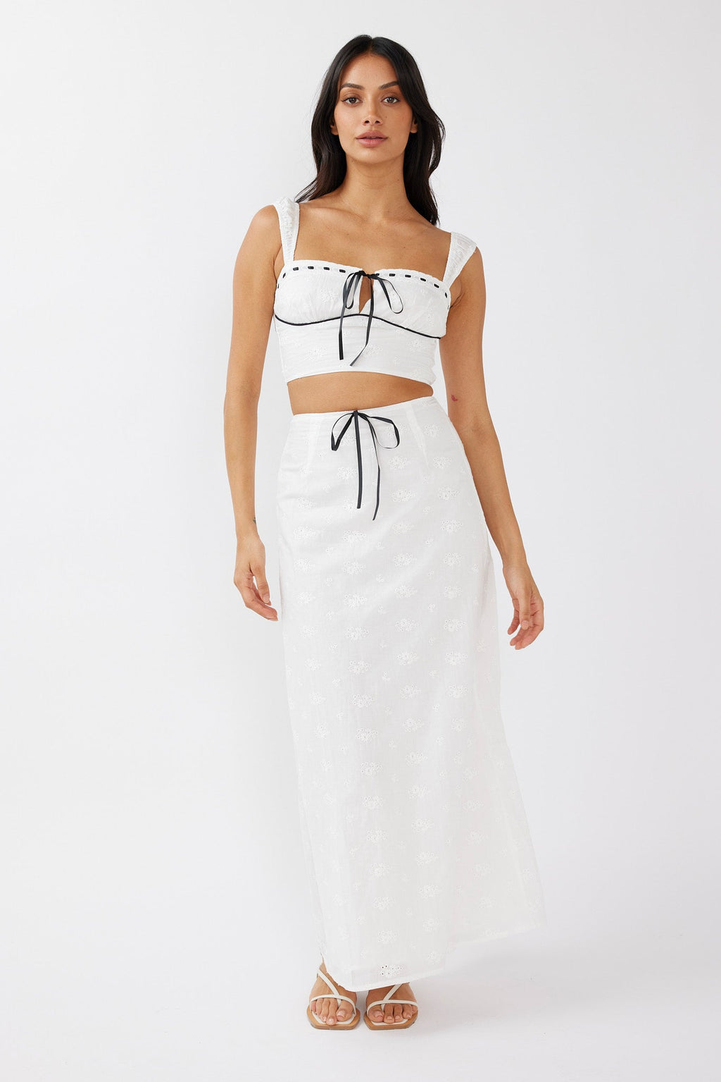 Helga Eyelet Embroidery Bow Crop Top White