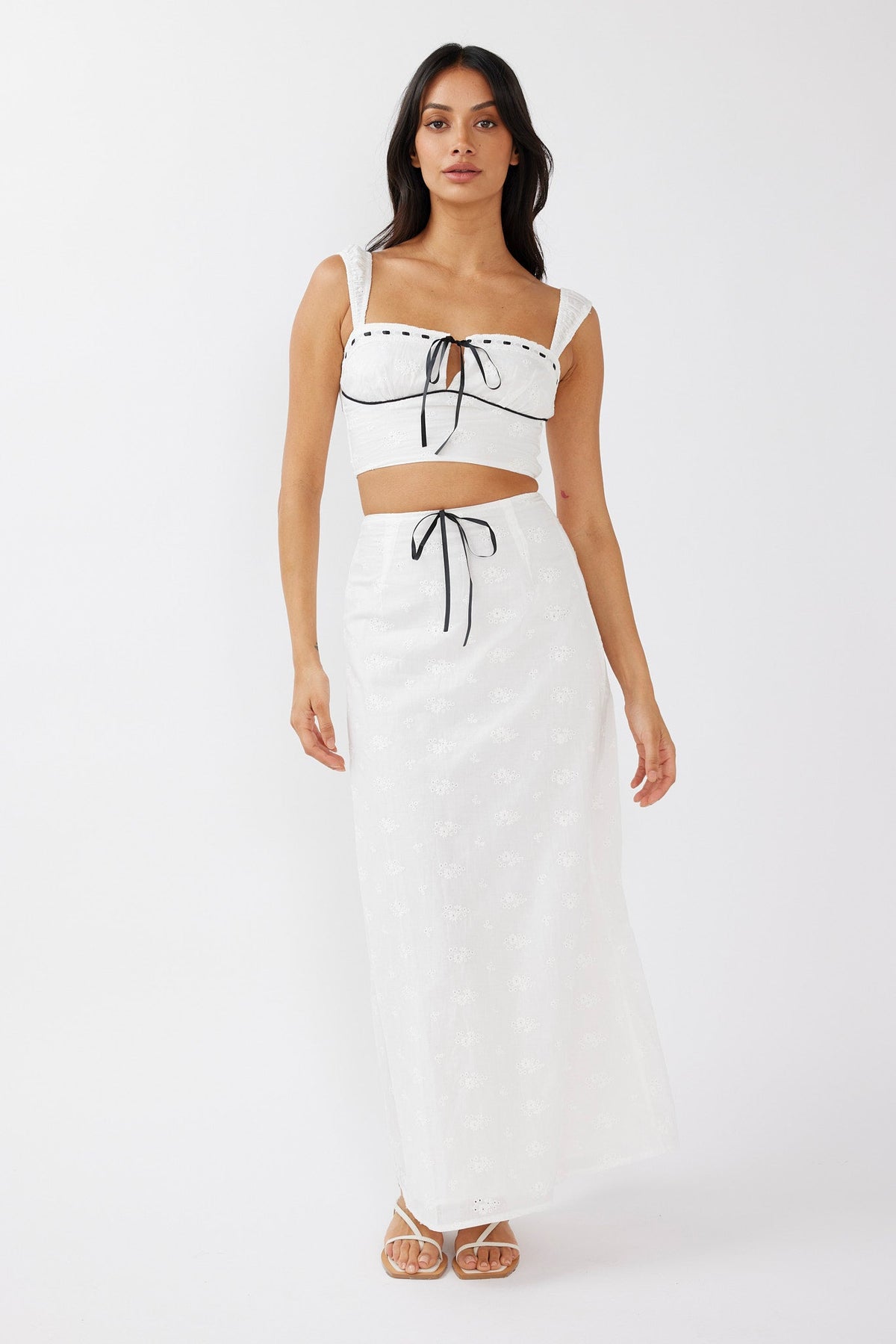 Helga Eyelet Embroidery Bow Crop Top White