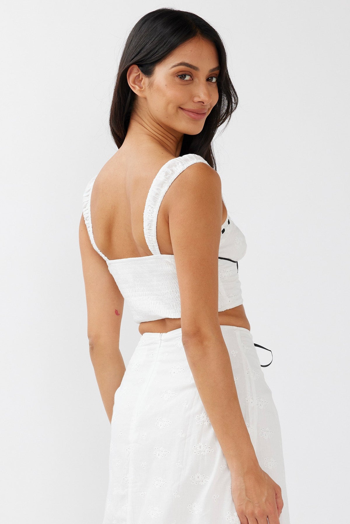Helga Eyelet Embroidery Bow Crop Top White