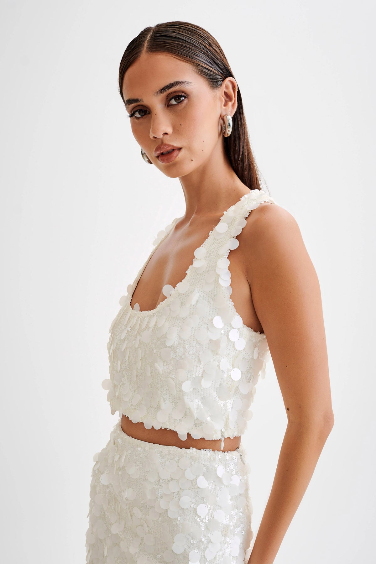 Maude Transparent Sequin Racer Crop Top - Ivory
