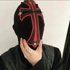 Chrome Hearts Men's Black and Red Cross Patchwork Leatherface Photo Hooded Hat Cap #72853