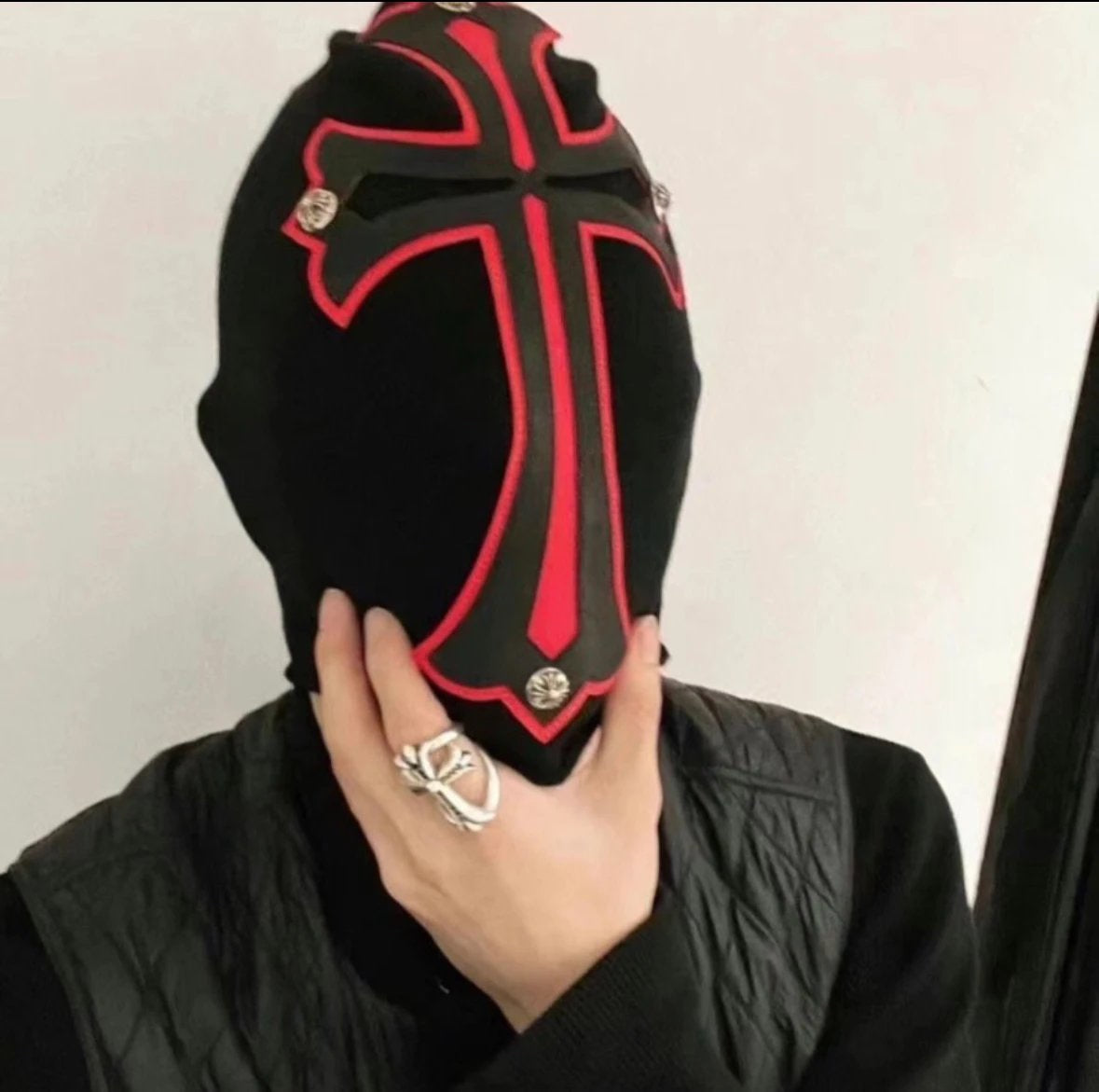 Chrome Hearts Men's Black and Red Cross Patchwork Leatherface Photo Hooded Hat Cap #72853