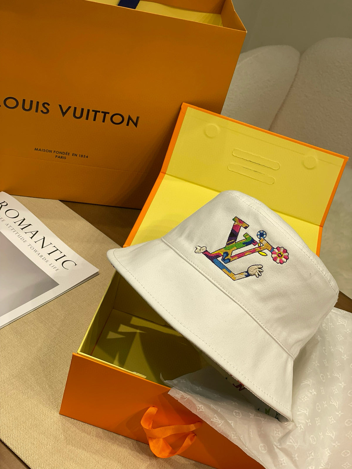Louis Vuitton Men's And Women's Colorful Letters Embroidered Printed Cotton Reversible Fisherman's Hat Cap #75642