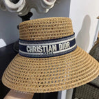 Dior Women's Solid Colour Straw Letter Embroidery Trimmed Strap Fisherman's Hat D-Bobby Wide Brim Hat #76871