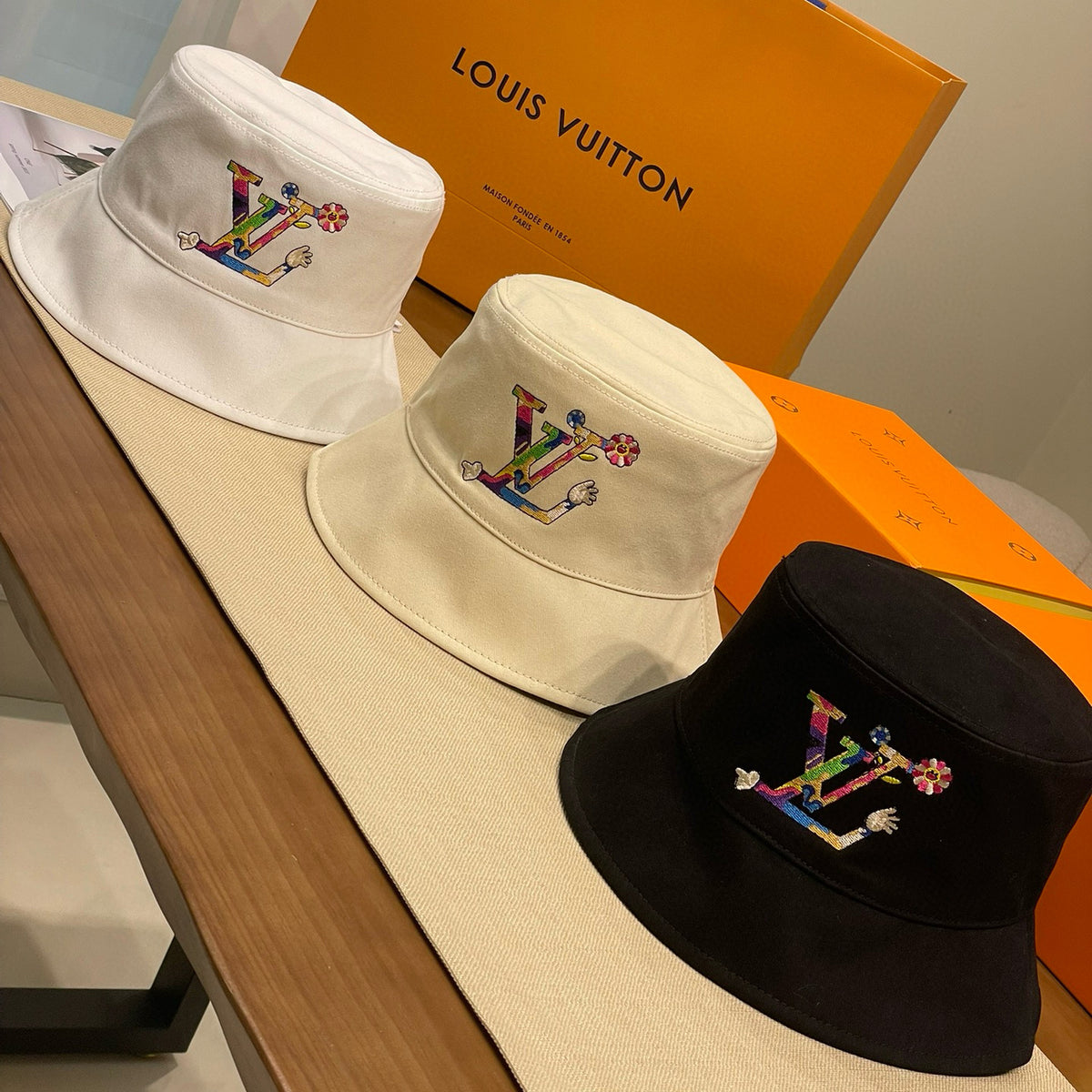 Louis Vuitton Men's And Women's Colorful Letters Embroidered Printed Cotton Reversible Fisherman's Hat Cap #75642