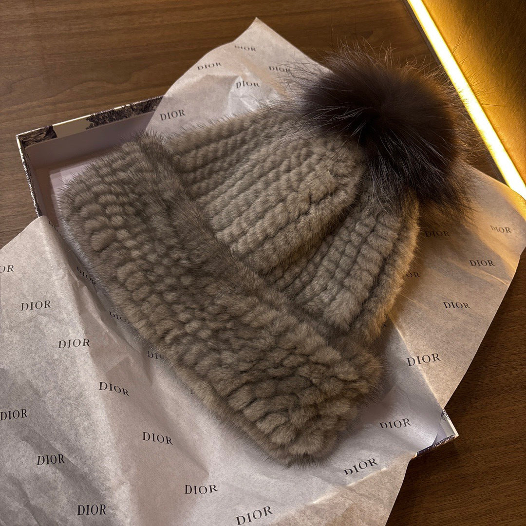 Dior Mink Knitted Patchwork Fur Ball Fur Hat #334275