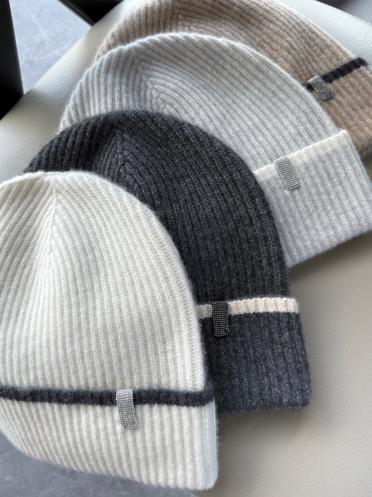 Brunello Cucinelli Women's Fall/Winter Striped Solid Color Cashmere English Rib Knit Beanie With Monili Casual Hat Cap Ngvp #2524