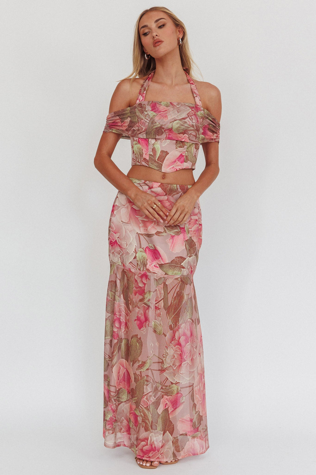 Sunset High Halterneck Crop Top Floral Blush