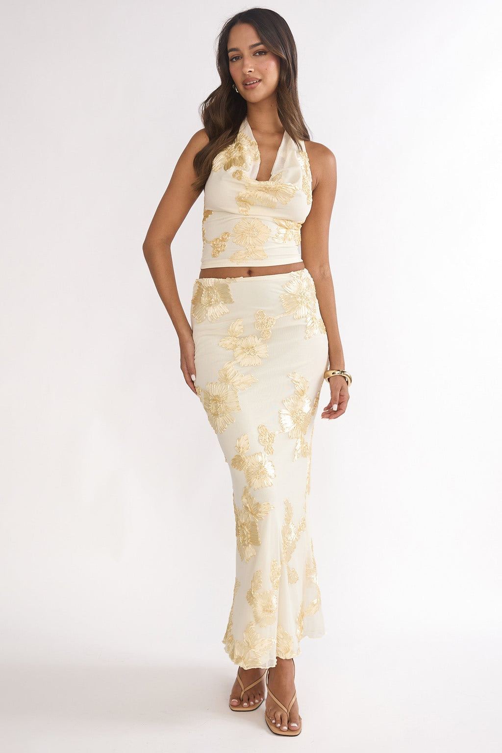 Golden Hours Cowl Halter Top Embellished Yellow