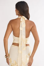 Golden Hours Cowl Halter Top Embellished Yellow