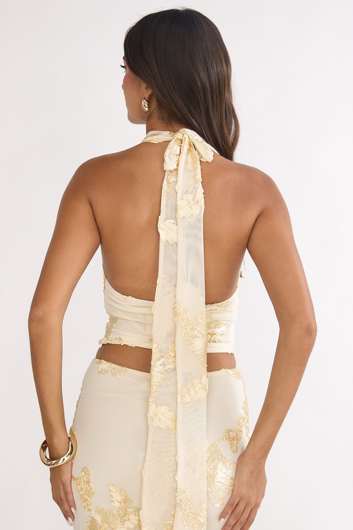 Golden Hours Cowl Halter Top Embellished Yellow