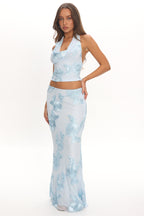 Golden Hours Cowl Halter Top Embellished Light Blue