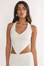 Palaya Crochet Knit Halter Top Sequin Cream