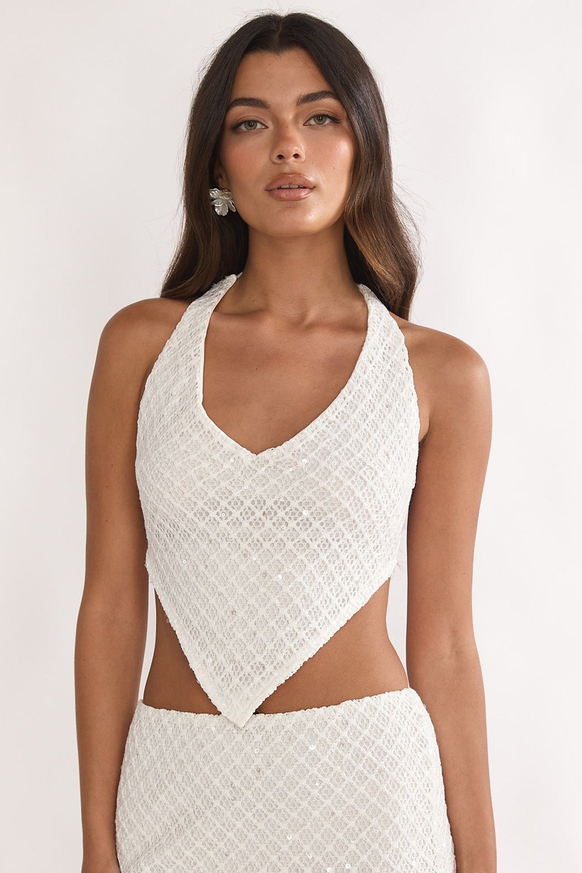 Palaya Crochet Knit Halter Top Sequin Cream