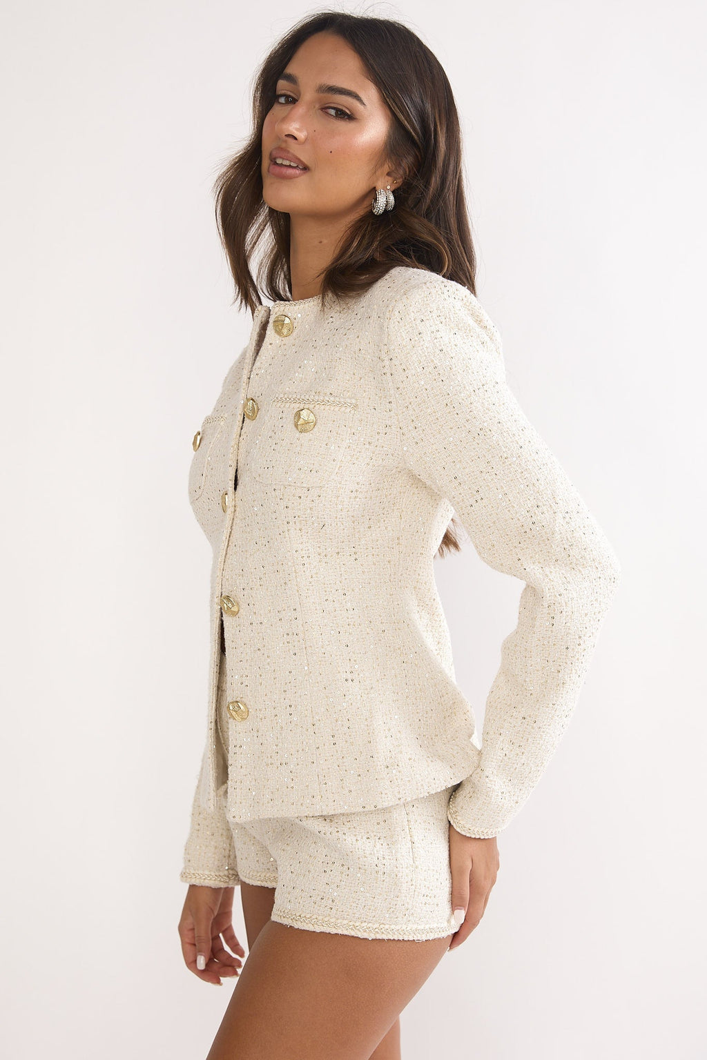 Kyomi Gold Button Tweed Jacket White Gold