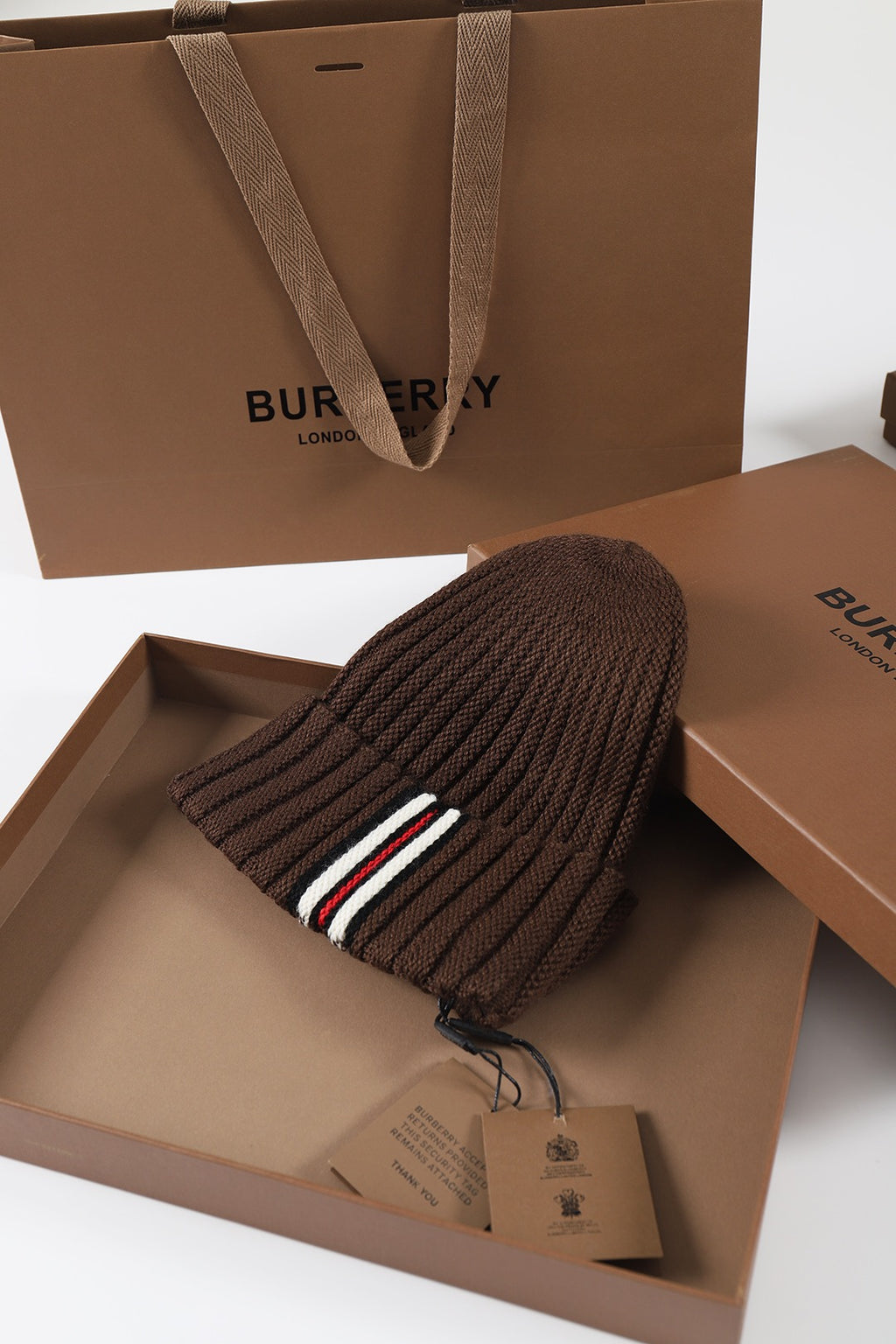 Burberry Men's and Women's Brown and Black Contrast Wool Knitted Hat #333385