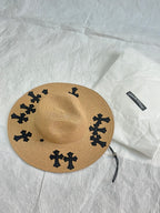 Chrome Hearts Men's And Women's Plain Colored Straw Hat With Cross Leather Logo Cap #77796